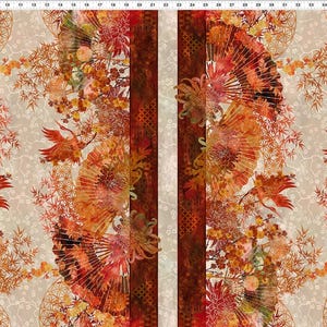May include: A seamless fabric design featuring a repeating pattern of orange, red, and gold fans, flowers, and branches on a beige background. The design is framed by a vertical red stripe on each side.