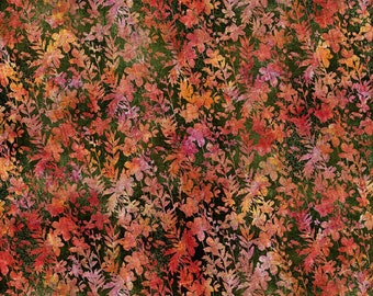 Könnte beinhalten: Ein nahtloses Muster mit einem dunkelgrünen Hintergrund und einem sich wiederholenden Muster aus orangefarbenen und rosafarbenen floralen Silhouetten.