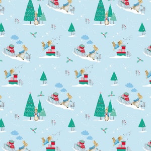 Peter Rabbit Christmas digital print fabric - Delivering Presents - Blue - 100% cotton - 2613-02