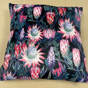 Hand Made Double Sided Plush 290gsm Velvet - Large Cushion Cover with Protea Flowers in Black