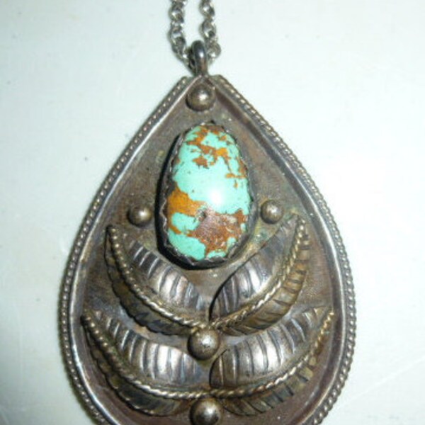 Vintage Large Native American Turquoise Pendant Necklace Rustic Stone Sterling Silver
