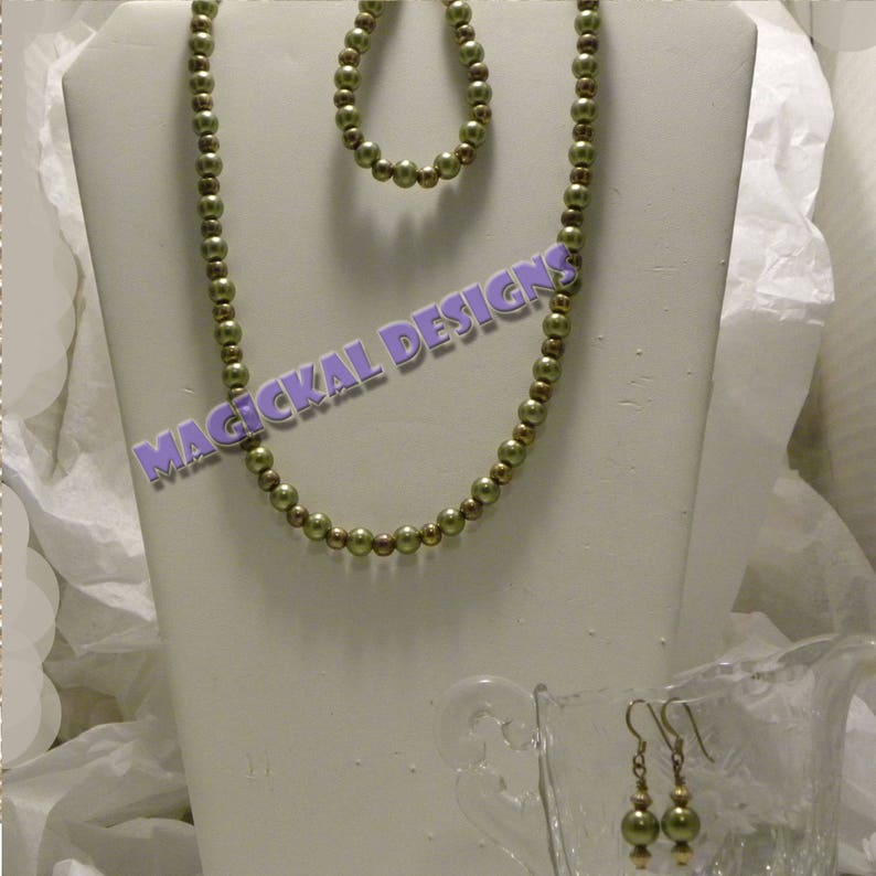 Necklace and Earrings fishhook clasp Bracelet extender glass pearls faux pearls Olive Martini earwires Set adjustable
