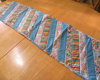 TABLE RUNNER - pieced, quilted, table runner, table scarf, orange, turquoise, 43 inches