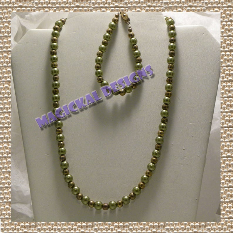 Necklace and Earrings fishhook clasp Bracelet extender glass pearls faux pearls Olive Martini earwires Set adjustable