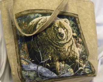 Tote Bag washable, reusable, pocket, lined, cotton, quilted,beige, MOOSE, BEAR, large size, deep, woodland scene, nature,