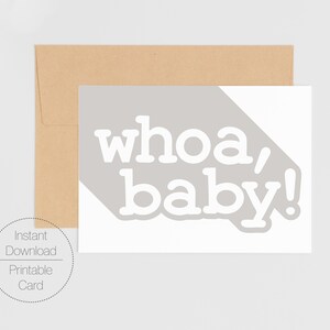 Cartão moderno para impressão Whoa Baby | Cartão de felicitações minimalista para download digital simples | Imprimir em casa Anúncio de nascimento em bloco de cores geométricas