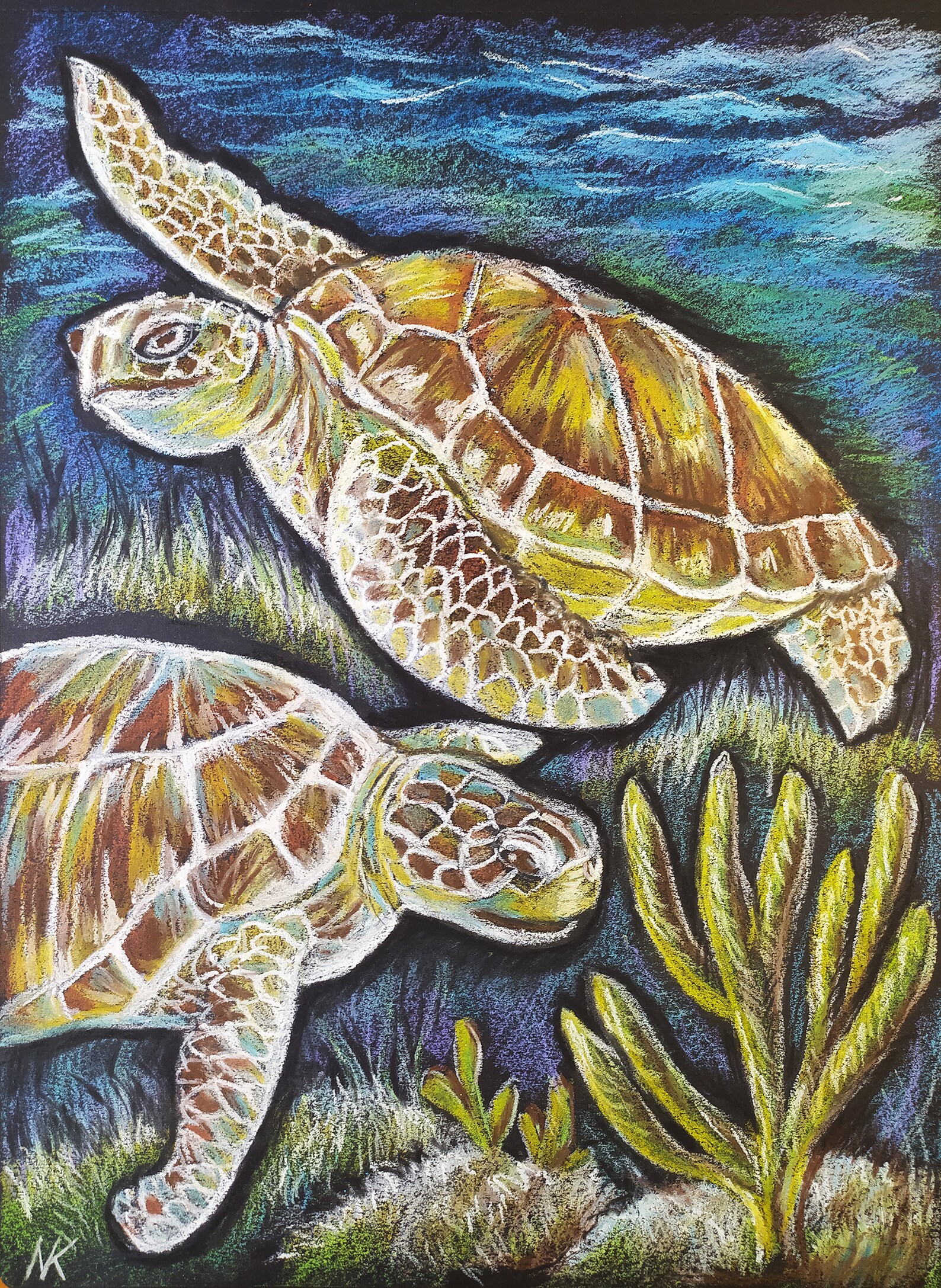 Turtles seaunderwater worldPortrait Animal Oil Pastel Etsy