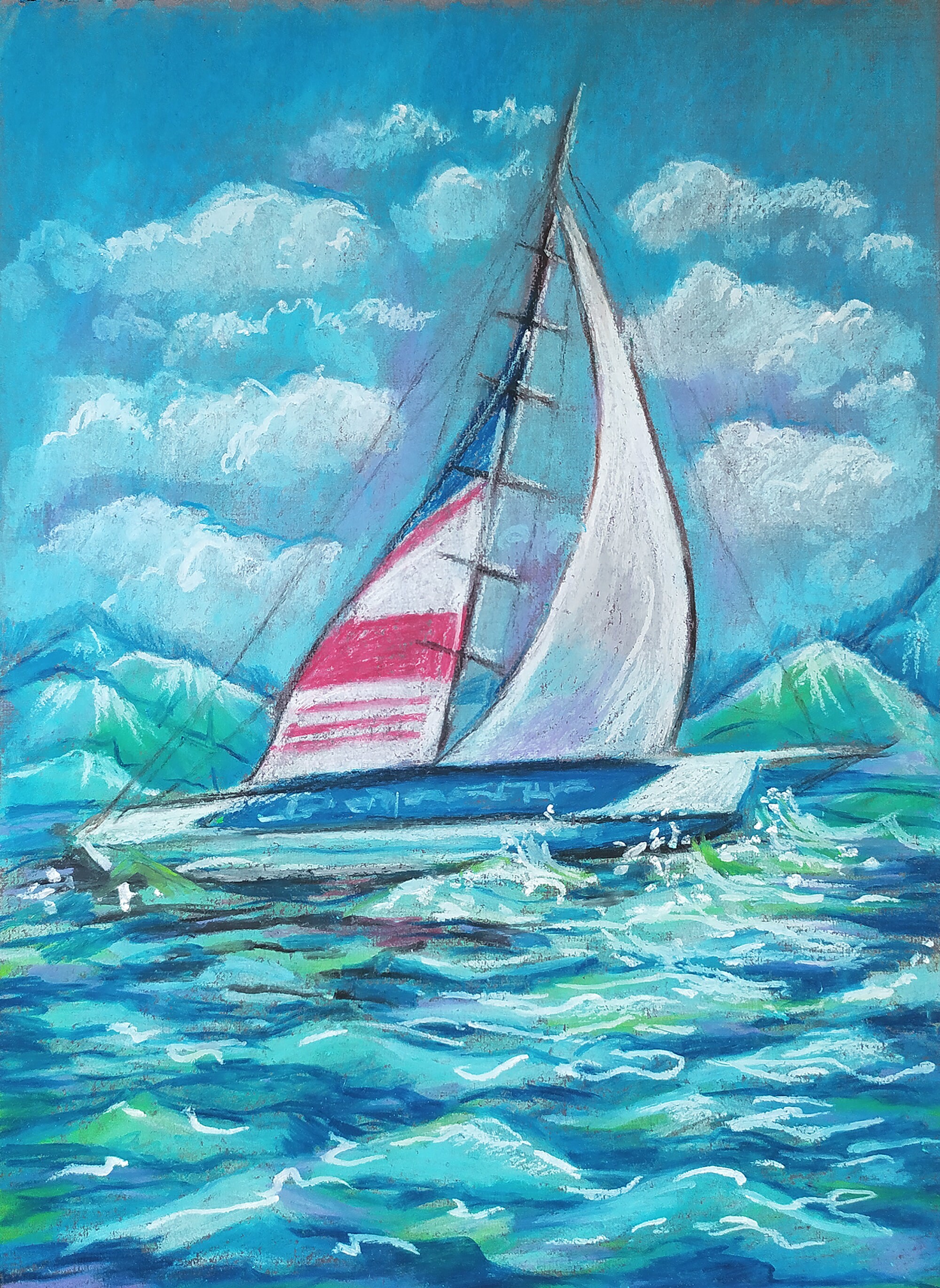 White sailboat at seaSeascape Oil pastel Original painting Etsy
