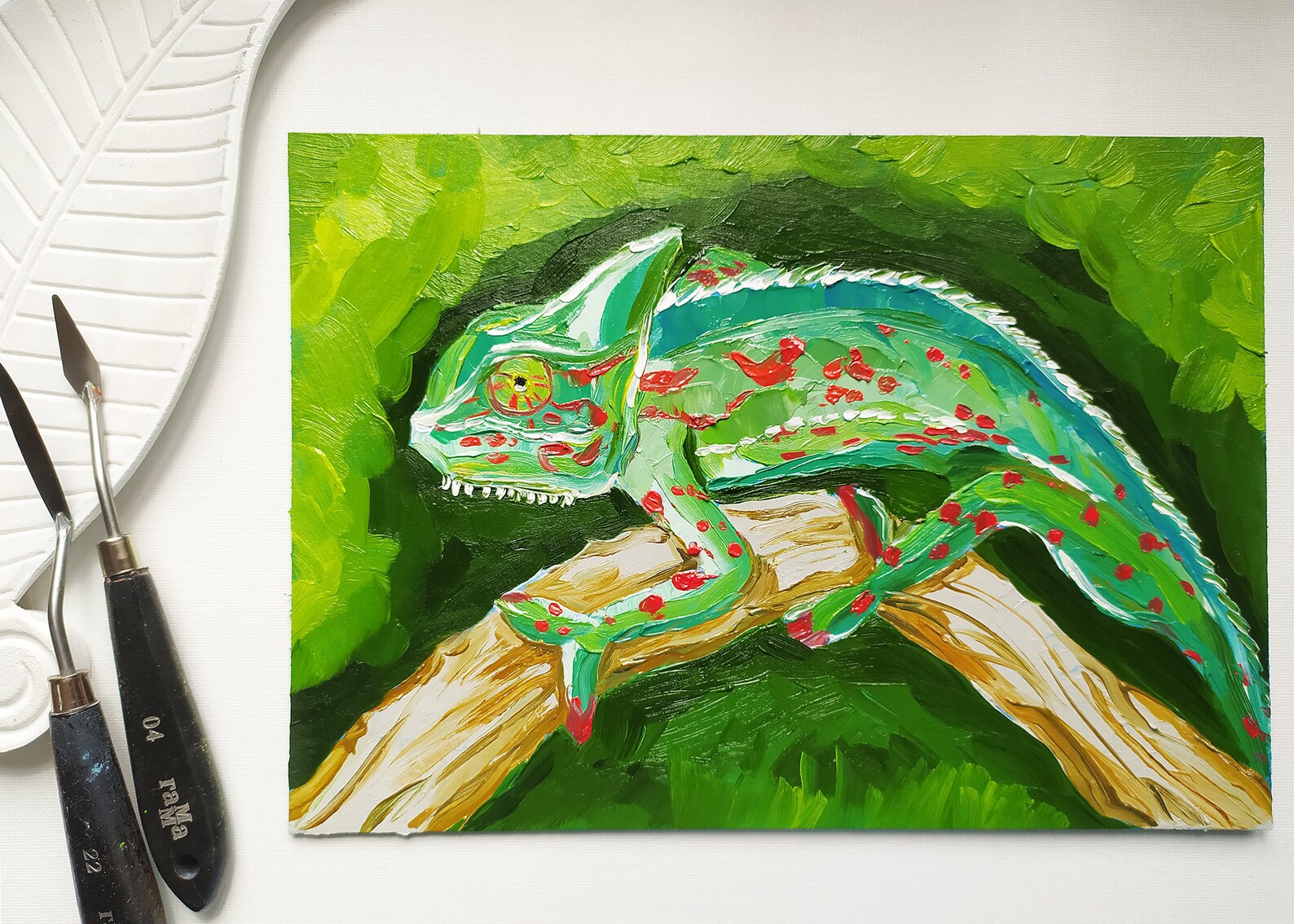 Chameleon Painting impasto Oil Painting Tropical animal lizard Etsy