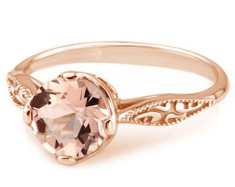Peach Pink Morganite Engagement Solitaire Ring 14k Rose Pink Gold Vintage Antique Style