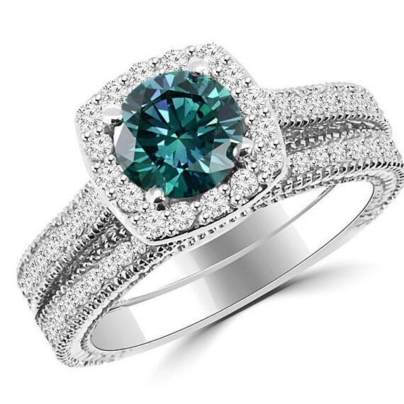 1.77ct VS1 Blue Diamond Halo Engagement Ring & Wedding Band Etsy