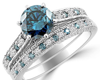 1.66ct VS2 Blue Diamond Matching Engagement Ring Set Vintage Style 14k Gold (AR512)