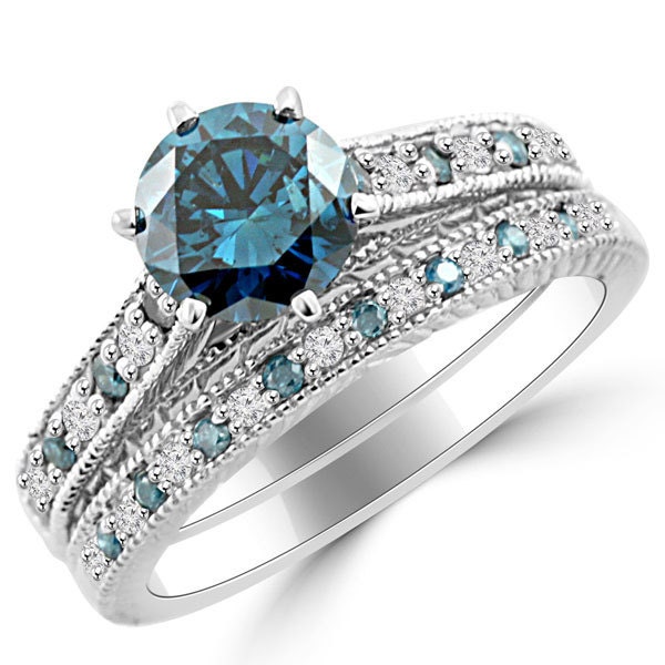 1.66ct VS2 Blue Diamond Matching Engagement Ring Set Vintage - Etsy