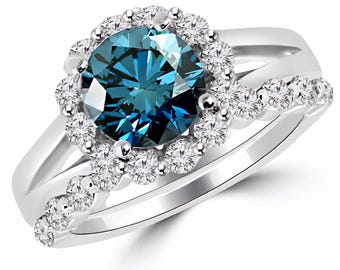 2.4ct Fancy Blue Diamond Halo Engagement Ring Set 14k Gold Split Shank