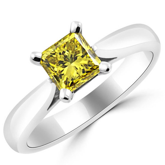 Carat VS1 Princess Cut Fancy Canary Yellow Diamond Solitaire  Engagement Ring Prong Solid 18k White Gold