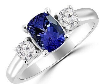 1.97ct Cushion Cut Tanzanite & Diamond 3 Three Stone Engagement Ring 18k White Yellow Rose Pink Gold