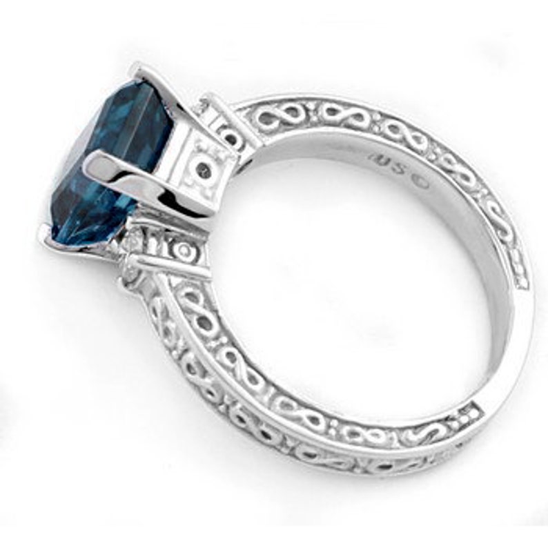 3.70ct Emerald Cut London Blue Topaz & Diamond Three-Stone Engagement Ring Vintage Antique Style 14k White Yellow Rose Pink Gold image 3