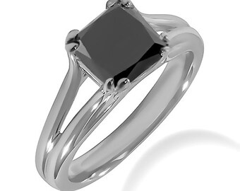 1.17ct Princess Black Diamond Solitaire Engagement Ring 14k Gold Split Shank