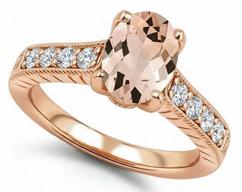 Oval Peach Pink Morganite and Diamond Engagement Ring 14k Rose Gold Vintage Antique Style