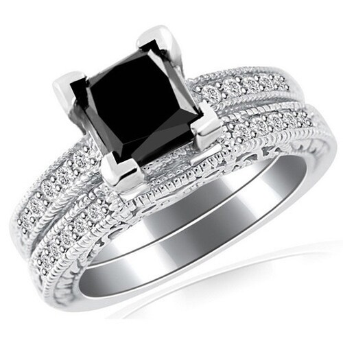 2.15ct Cushion Cut Black Diamond Halo Engagement Ring Set 14k - Etsy