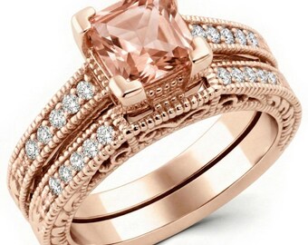 Peach Pink Morganite Diamond Matching Engagement Ring & Wedding Band Set 14k Gold Vintage Antique Style