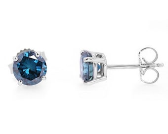1.06ct VS Blue Diamond Stud Earrings 14k White Gold Basket Settings (CE336)