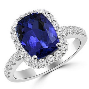 Fine Cushion Cut Tanzanite & Diamond Halo Engagement Ring 18k White Yellow Rose Gold