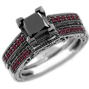 1.75ct Princess Black Diamond & Red Ruby Engagement Ring Set 14k Gold Vintage Antique Style