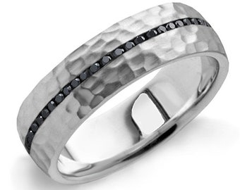 Men's Fancy Black Diamond Wedding Band Hammered Ring 14k Gold