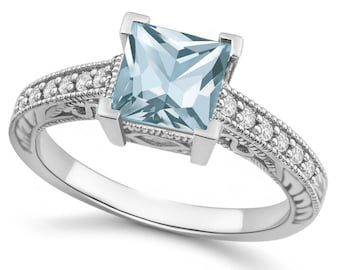 Vintage Antique Style Princess-Cut Blue Aquamarine Diamond Engagement Ring 14k White Yellow Rose Pink Gold