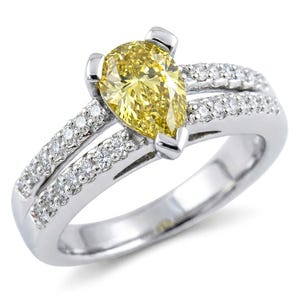1.52 Carat Pear Shaped Fancy Canary Yellow Diamond Engagement Ring Solid 14k White Gold Split Band image 1