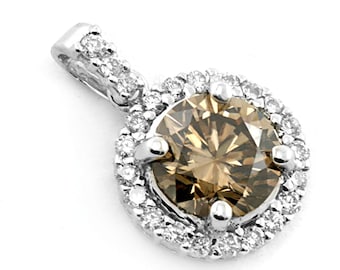1.79ct Champagne Brown Diamond Halo Pendant Necklace 18k White Gold