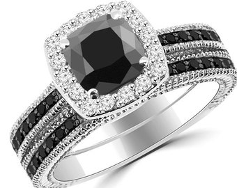 2.15ct Cushion Cut Black Diamond Halo Engagement Ring Set 14k White Yellow Rose Pink Gold