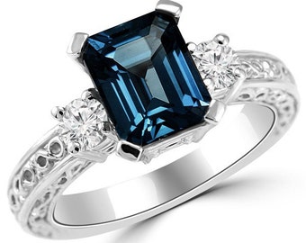 3.70ct Emerald Cut London Blue Topaz & Diamond Three-Stone Engagement Ring Vintage Antique Style 14k White Yellow Rose Pink Gold