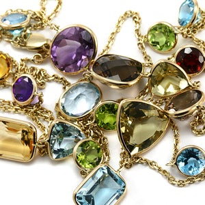 Assorted Mix Shaped Gemstone Station By The Yard Necklace 14k Yellow Gold 36 Inch