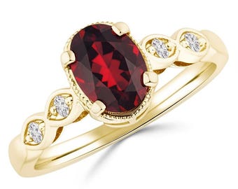 Oval Red Garnet and Diamond Engagement Ring 14k Yellow Gold Vintage Style (CR325)