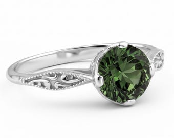 Green Tourmaline Solitaire Vintage Style Engagement Ring 14k White Yellow Rose Gold