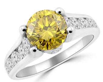 2.91 Carat VS1 Brilliant Cut Fancy Canary Yellow Diamond Engagement Ring Channel-Set 18k White Gold