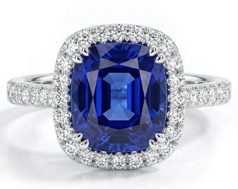 Cushion Cut Tanzanite & Diamond Engagement / Statement Ring 14k White Yellow Rose Gold Halo Design