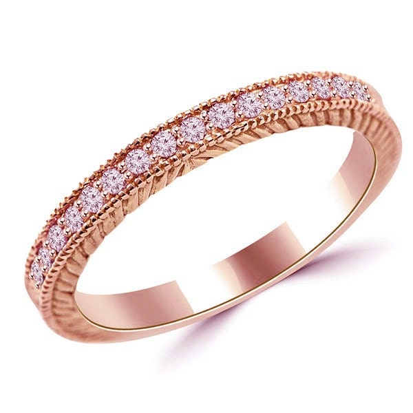 Natural Pink Diamond Vintage Style Wedding Ring 14k Rose Gold Band