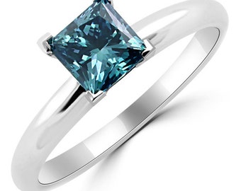 1.02ct Princess Cut Blue Diamond Solitaire Engagement Ring 14k White Yellow or Rose Pink Gold