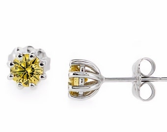 1ct Fancy Canary Yellow Diamond Stud Earrings 14k White Gold 8 Prong Design