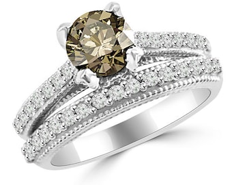 1.71ct Fancy Brown Diamond Matching Engagement Ring Set 14k White Yellow Rose Pink Gold