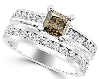 2.02ct Fancy Princess Cut Champagne Brown Diamond Matching Engagement Ring Wedding Band Set 14k Gold