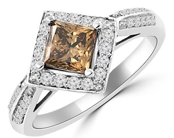 1.20ct Fancy Princess Cognac Champagne Brown Diamond Engagement Ring 14k White Yellow Rose Pink Gold