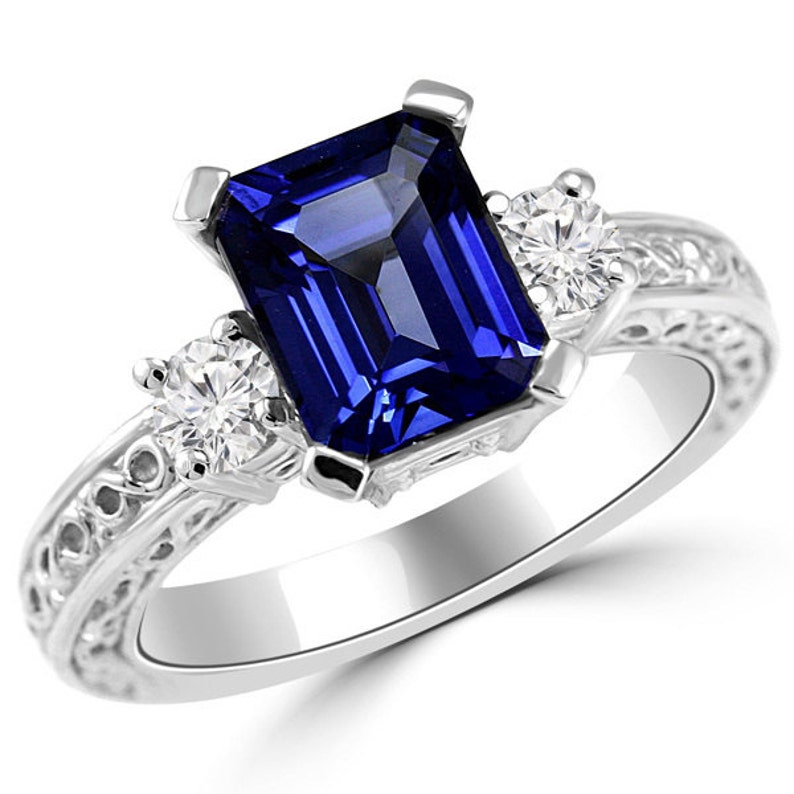 Emerald Cut Tanzanite & Diamond 3 Three Stone Engagement Ring Etsy