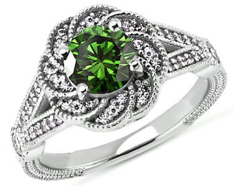 1.39ct VS1 Fancy Green Diamond Halo Engagement Bridal Ring 14k Gold Vintage Style