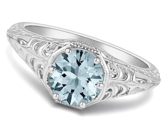 Antique Style Blue Aquamarine Solitaire Engagement Ring Vintage-Inspired Filigree Design 14k Gold