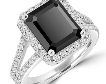 5.50 Carat Emerald Cut Fancy Black Diamond Halo Engagement Ring Solid 14k White Yellow Rose Pink Gold Split Shank