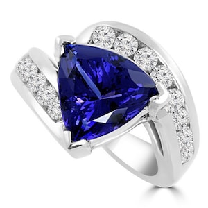 Large Trilliant Cut Tanzanite & Diamond Cocktail / Engagement Ring 14k White Yellow Rose Pink Gold